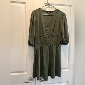 Olive Green V-Neck Smocked Waist Dress